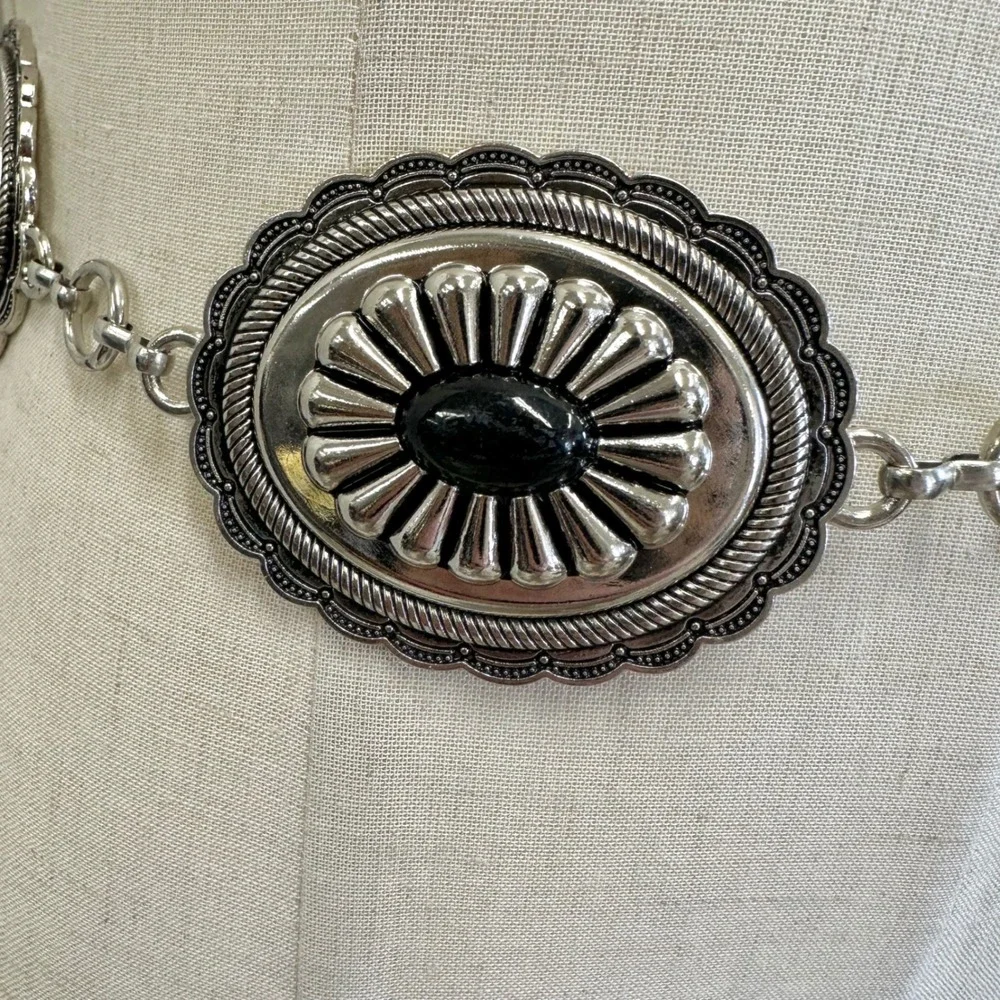 Silver Concho Chain Belt‎ Black Faux Stone Western Boho Adjustable XS/Small